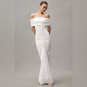 Ronny Kobo Off-The-Shoulder Ruched Lace Maxi Dress